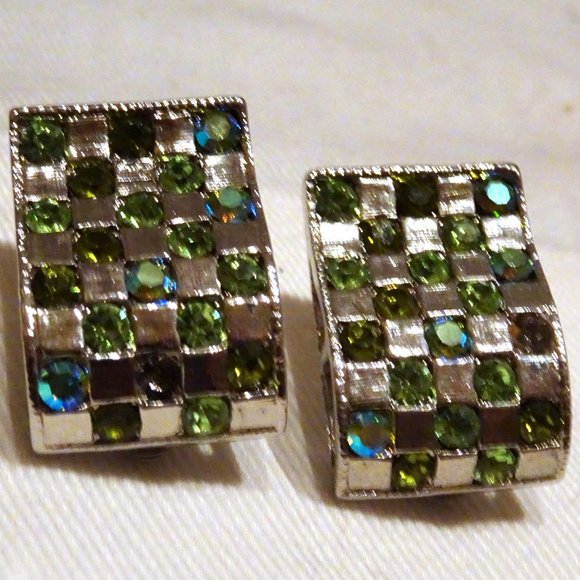 Neiman Marcus Crystal Aurora Borealis Crystal Rhinestones Damier Clip Earrings - Picture 7 of 7